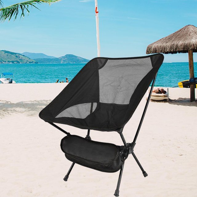 Silla plegable ligera Cola para acampar Asiento de pesca alta carga portátil Negro