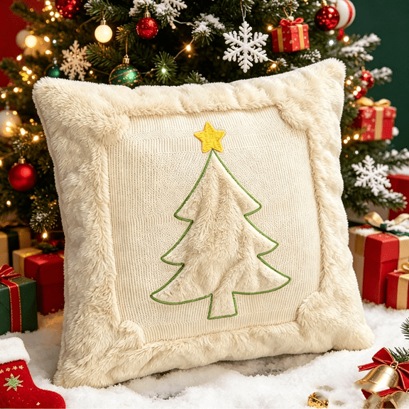 Christmas Tree Pillow Cover 18x18 Inches, Plush Embroidered Textured Holiday Throw Cushion Sleeve for Sofa Couch & Living Room Decor, 1 Pack