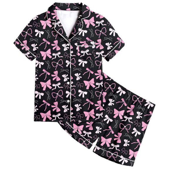 BOOMNY Toddler Girls 2 Peice Pajamas Sets Bowknot Graphic Short Sleeve Buttons Sleepwear Tops Shorts Pjs Set for Kids Cozy Loungewear Homewear