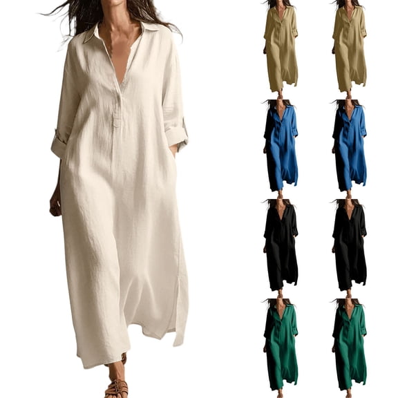 Omexry Plus Size Summer Dresses Women's Solid Casual Shirt Dress With A Laid-Back Style Made Of And Linen Long Sleeve Turndown Collar Ankle Dress