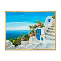 Designart 'House With Colorful Flowers Near The Sea IV' Nautical & Coastal Framed Canvas Wall Art Print