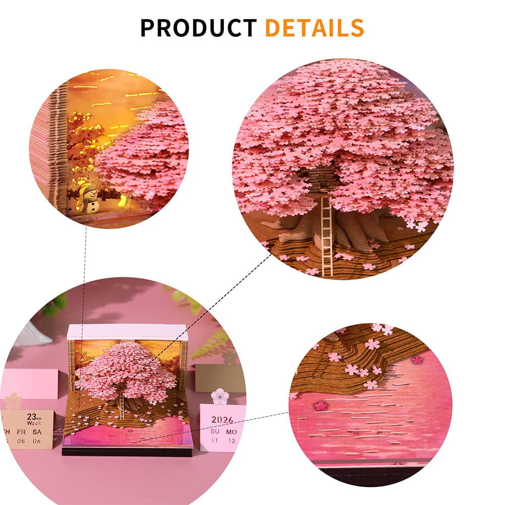 ZOUBAOQ 3D Calendar 2026,3D Time Piece Calendar 2026, Blossom Design 3D Notepad Paper Sculpture Artwork,Exquisite Creative Non Stick Sticky Note DIY Post Notes for Office Home Gifts Ornaments
