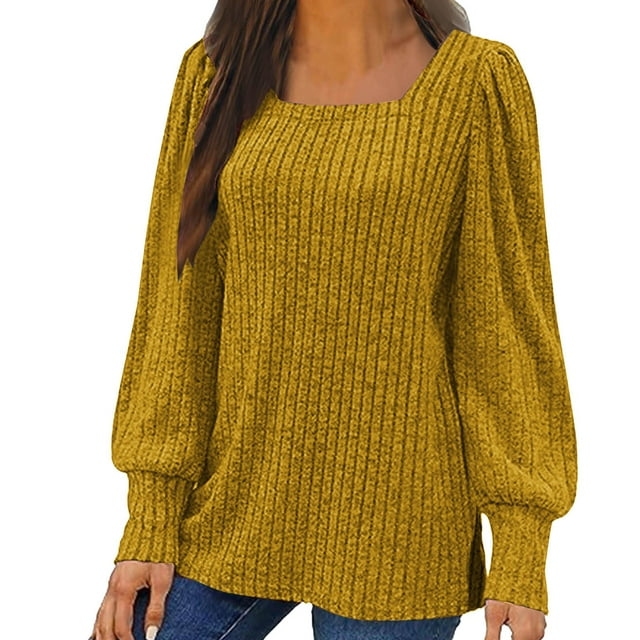 Meichang Puff Long Sleeve Shirts for Women Plus Size Square Neck Ribbed Knit Tops Solid Loose Fit Side Slit Hem Blouses Spring Trendy Women Tunic Tops