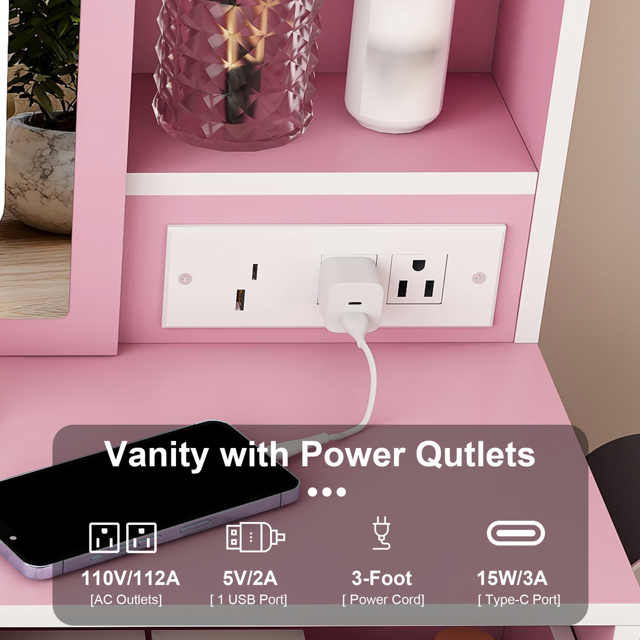 Noble House Makeup Vanity Desk with Stool, LED Mirror, Hidden Storage and Power Outlet, Pink