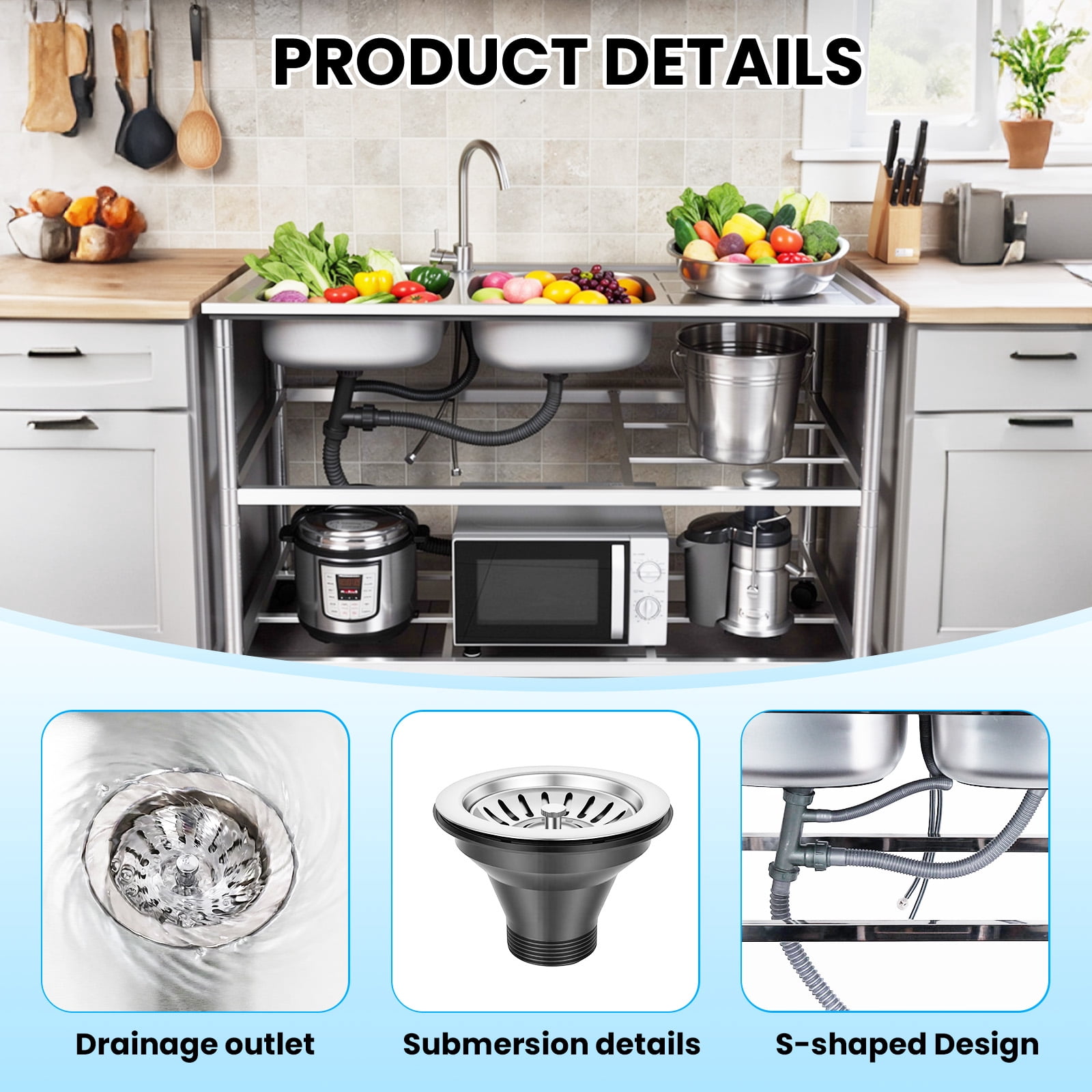 Zhuotong47.2 Inch Heavy-Duty Double Bowl Sink Station, Free-Standing Stainless Steel Utility Sink with Worktop, Lower Storage Shelf and Faucet, for Kitchen, Restaurant, Laundry & Outdoor Use