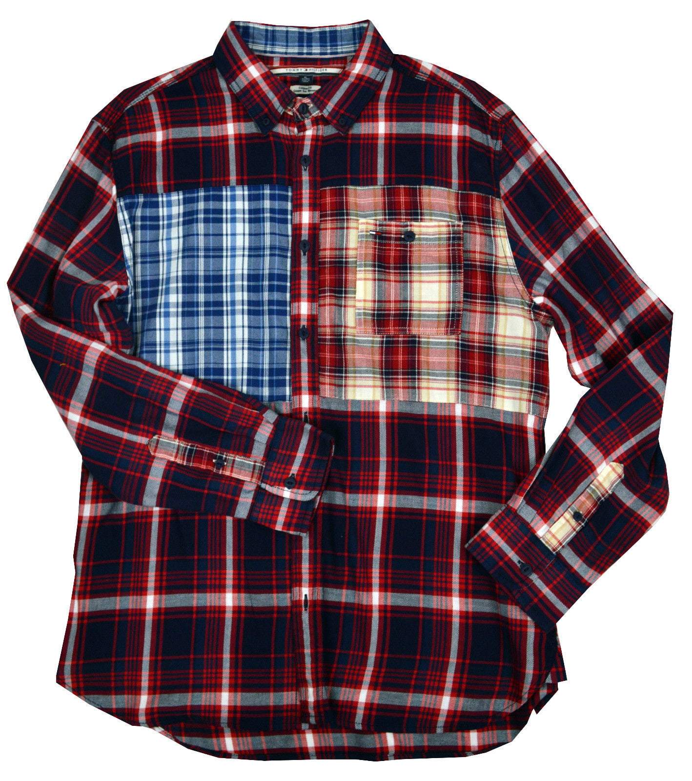 New Tommy Hilfiger Mens Mixed Plaid Flannel Print Shirt Navy Red Multi ...