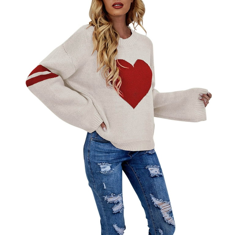 JDEFEG Clothes for Women Women Loose Round Neck Pullover Heart Long Sleeve  Knit Sweater Little Year Sweaters for Women Synthetic Fiber White S