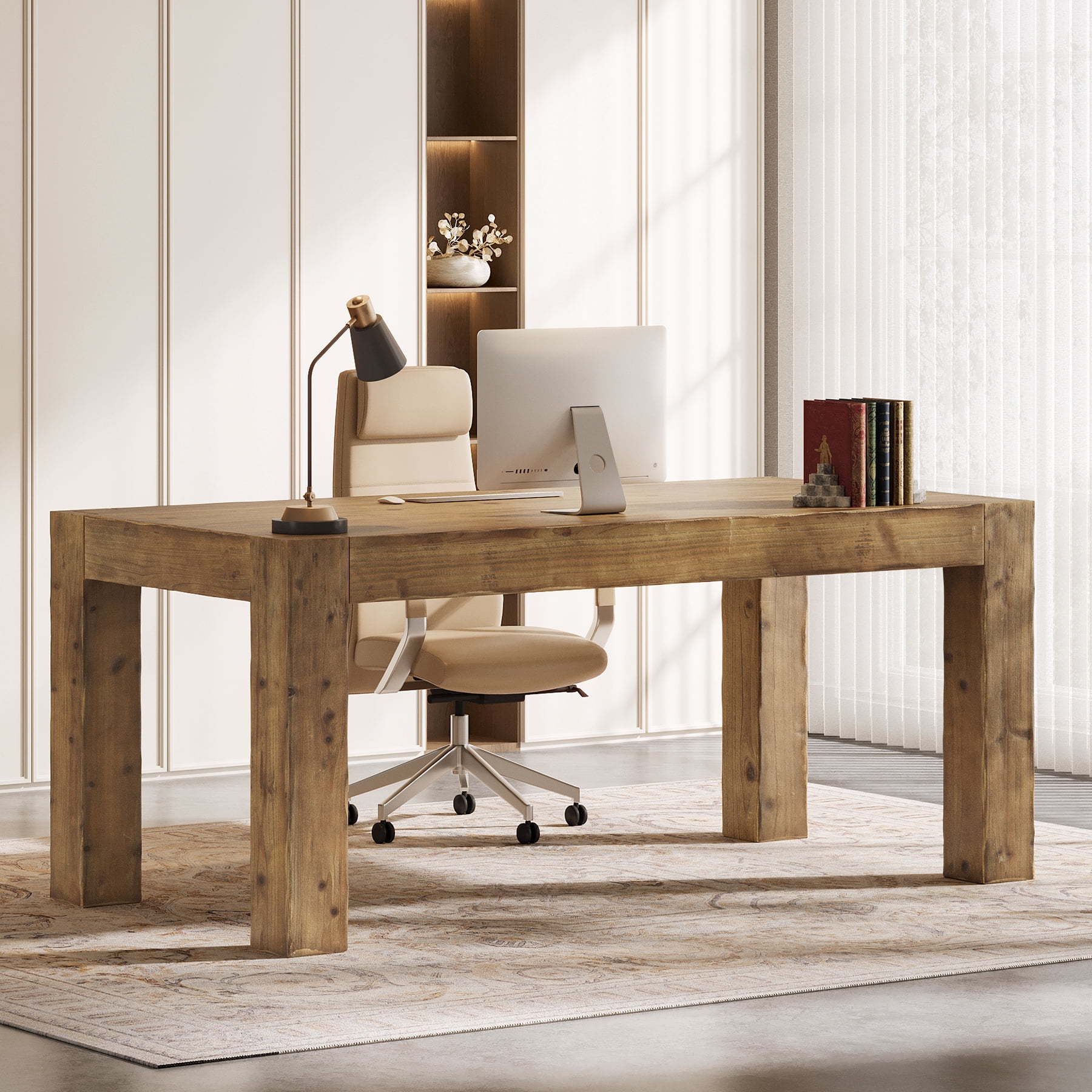 Tribesigns Solid Wood Executive Desk, 63-Inch Real Wooden Home Office Computer Desk, Farmhouse Writing Study Table Business Workstation for Home Office, Brown