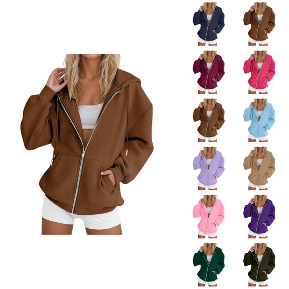 Women's Plain Zip Up Hoodie 2026 Fashion Fall Winter Solid Color Hooded Sweatshirt with Pockets Jacket Outerwear