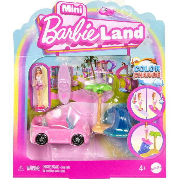 Barbie Mini BarbieLand Doll & Toy Vehicle Set, 1.5-inch Doll & Beach Convertible with Color-Change, Plus Beach Accessory