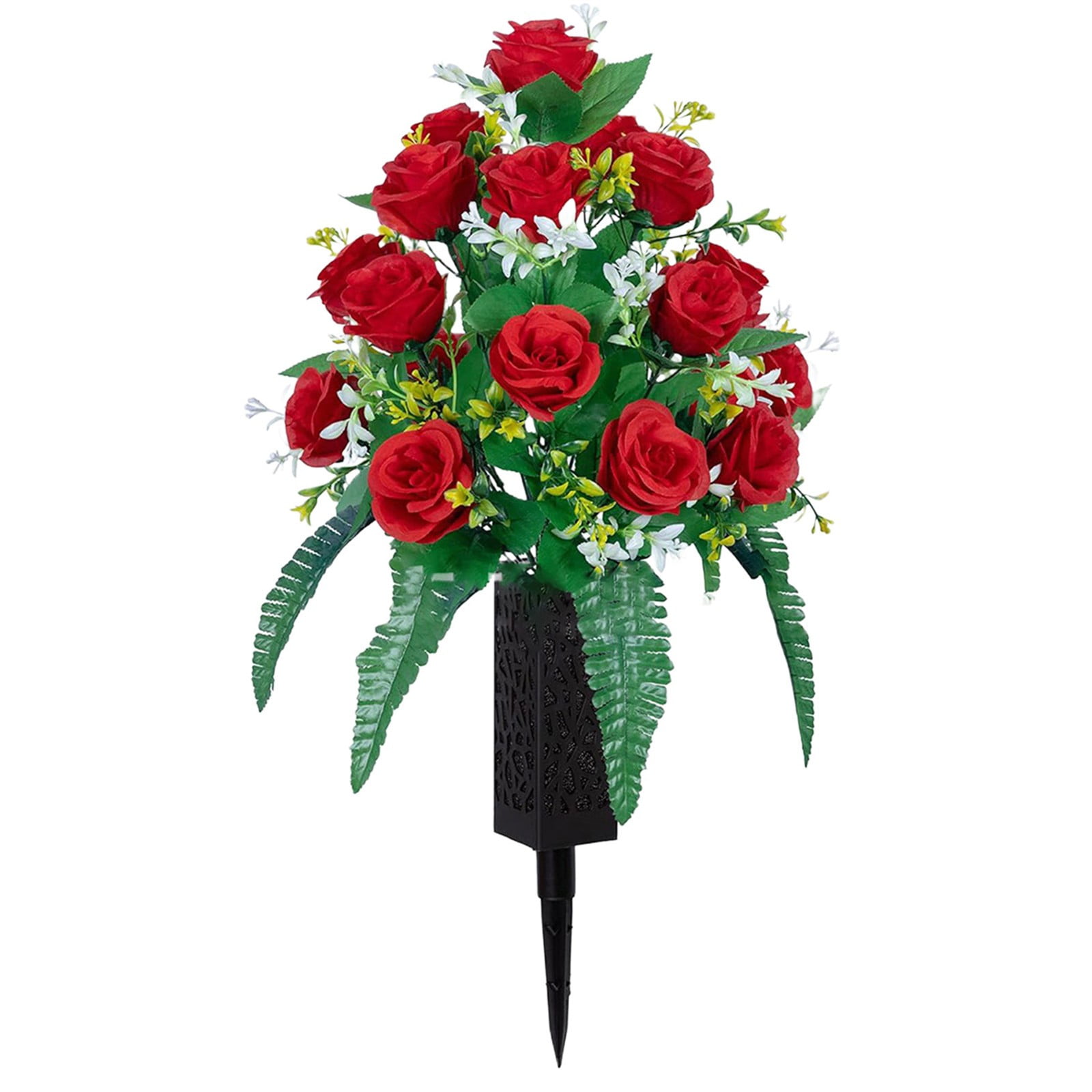 Artificial Cemetery Rose Bouquet with Long Nail Vase Stand, 19.6" Tall All-Weather Memorial Flowers, Faux Cloth Roses with Foam Stability, Long Nail Vase for Soft Soil, No Wobble, By Harlik