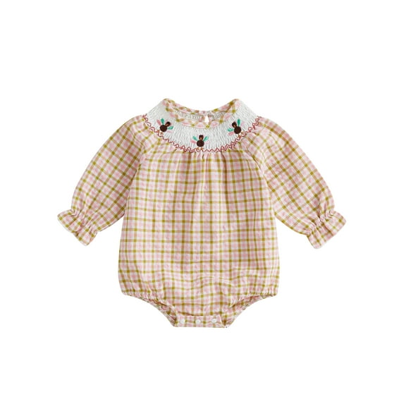 Michellecmm Baby Girls Thanksgiving Romper Turkey Embroidered Plaid Jumpsuits