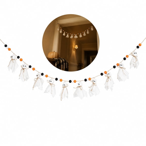 Qocolcyl 83.86 Inch Fabric Ghost Bead Garland, Spooky Hanging Banner, Halloween Decorations for Fireplace Mantel Wall Shelf Window Indoor Farmhouse Party Home Decor Gift