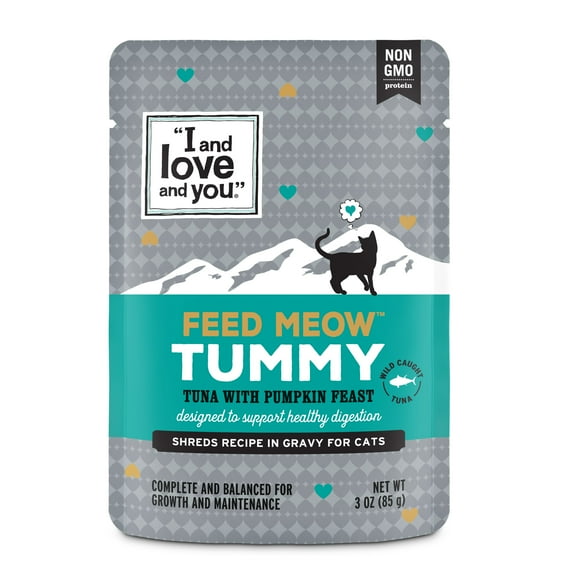 "I and love and you" Feed Meow Wet Cat Food Toppers, Tummy Formula with Tuna and Pumpkin, Digestive Support, Grain Free, No Fillers, Prebiotics and Probiotics, 3oz Pouch
