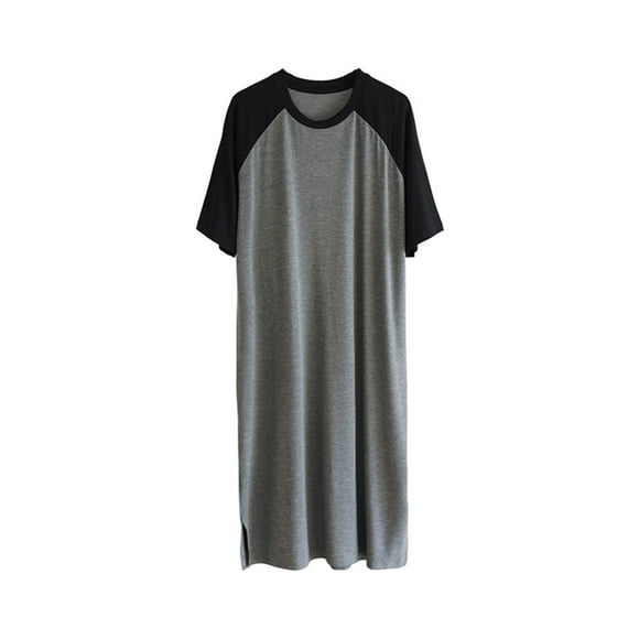 Qarigey Camisón de algodón para hombre, ropa de dormir raglán, pijama ligero, vestido transpirable de cuello redondo, camisón de empalme Pijama Negro/Gris Oscuro XXXL
