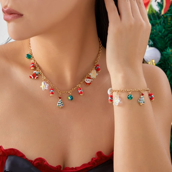 PISONIC Christmas Necklace Bracelet for Women Christmas Jewelry Accessories Charm Bracelet Holiday Outfits Party Favor