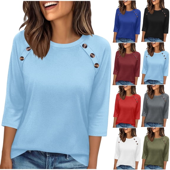 Craaazy Spring Tops for Women Casual 3/4 Sleeve Solid Color Crew Neck Button Accent Shirts for Everyday Wear, Weekend Errands