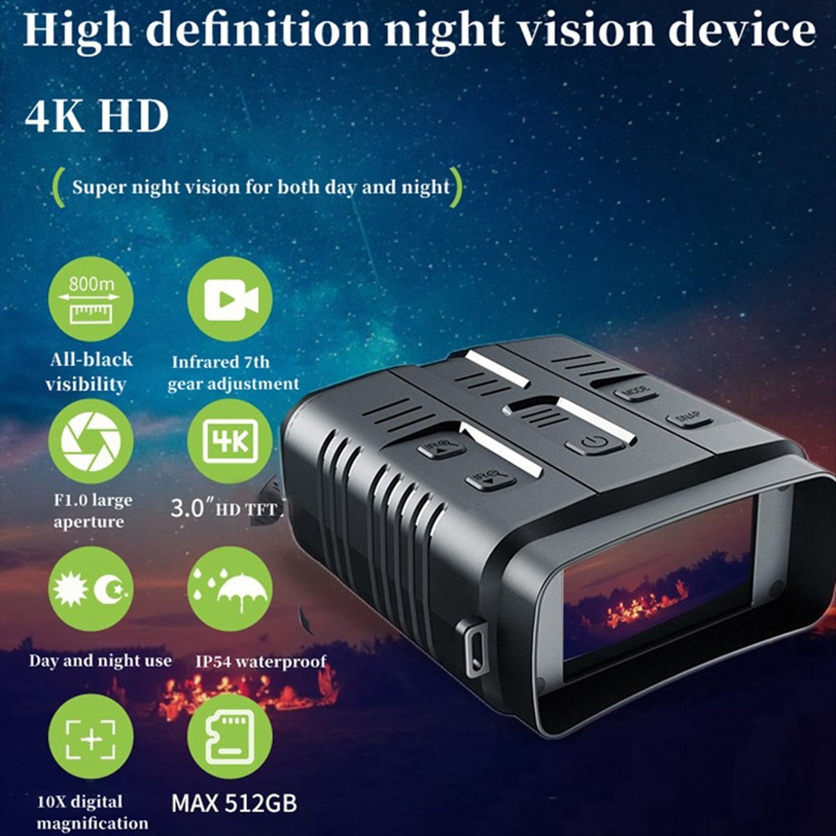 N009 4K HD Binoculars Night Vision Infrared 2160P HD Outdoor Camping Hunting Night Vision Goggle Day Night Dual Use 800M