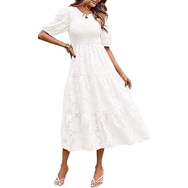 Robe d'Été 2023 pour Femmes à Manches Bouffantes, Smockée, à Fleurs, Col Ras du Cou, en Dentelle, Midi, Robes Décontractées pour Femmes