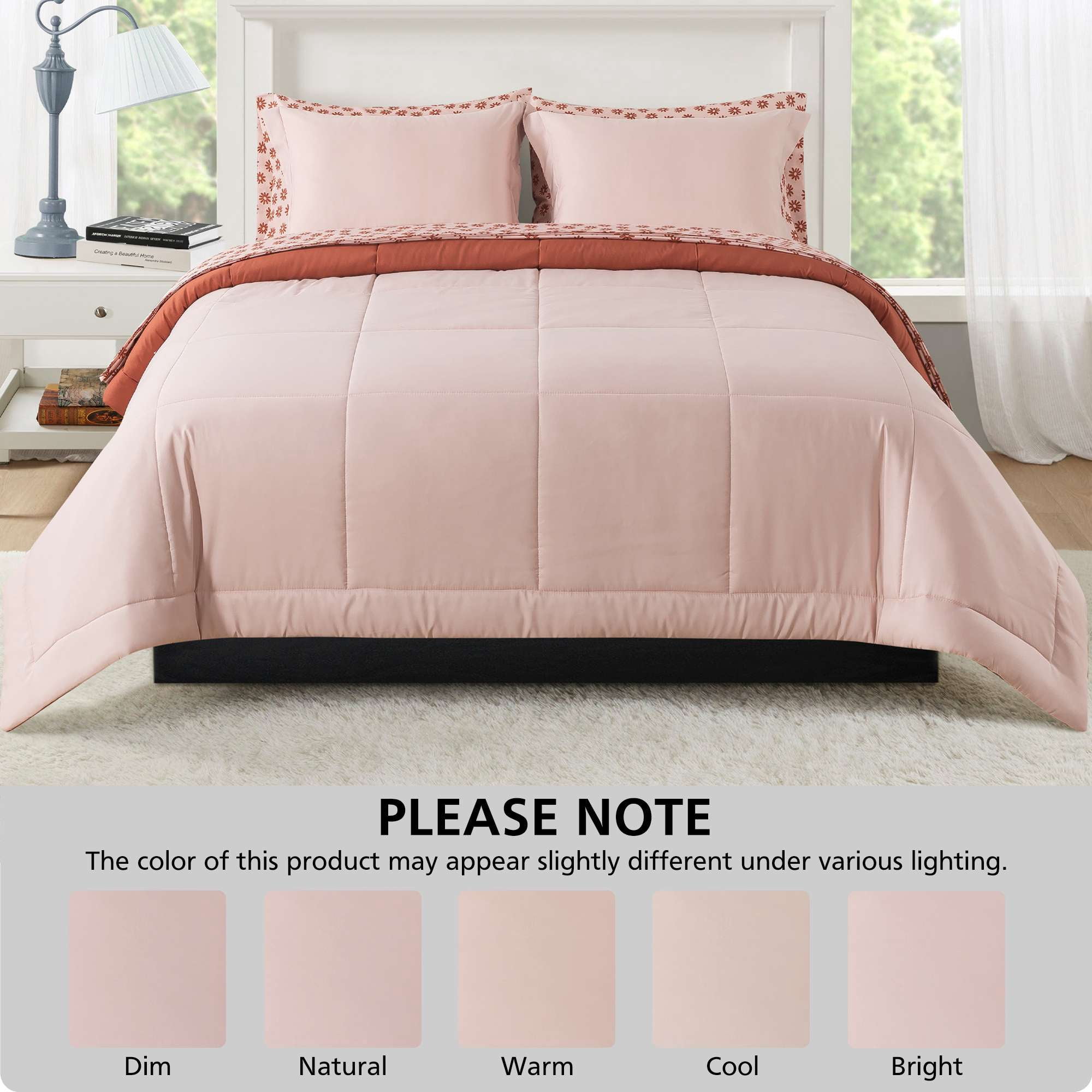 Mainstays All in One Reversible Comforter and Sheet Set, 7-Piece, Full, Pink Blush