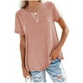thumbnail image 1 of Camiseta holgada informal de verano con cuello en V redondo y manga corta de color puro para mujer para uso diario, 1 of 5