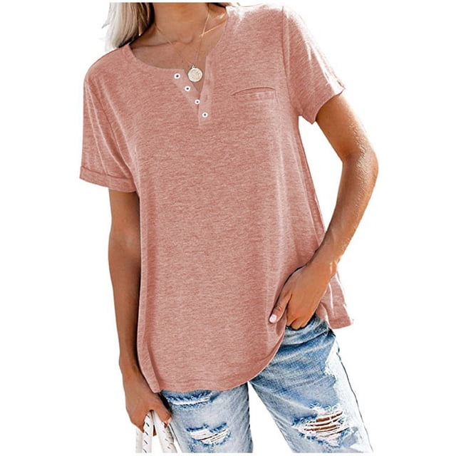 Camiseta holgada informal de verano con cuello en V redondo y manga corta de color puro para mujer para uso diario