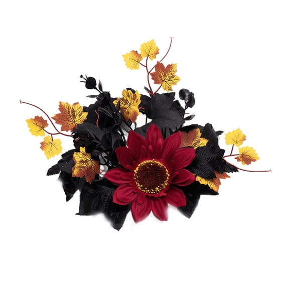 Aximioll Halloween Sunflower Maple Leaf Floral Candle Ring 11.02In, Layered Greenery, Halloween Tabletop Decor for Dining Table Mantel Shelf