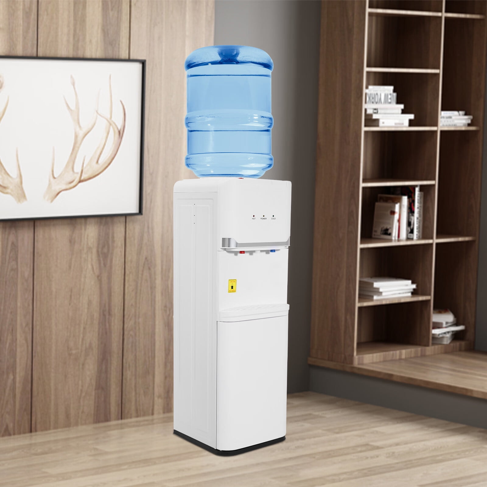 Aiqidi 550W Top Loading Water Dispenser 5 Gallon Vertical Cold and Hot Water Dispenser Home Office Dorm Anti-Scalding Design Water Dispenser with Storage Cabinet 32.68" High (White)