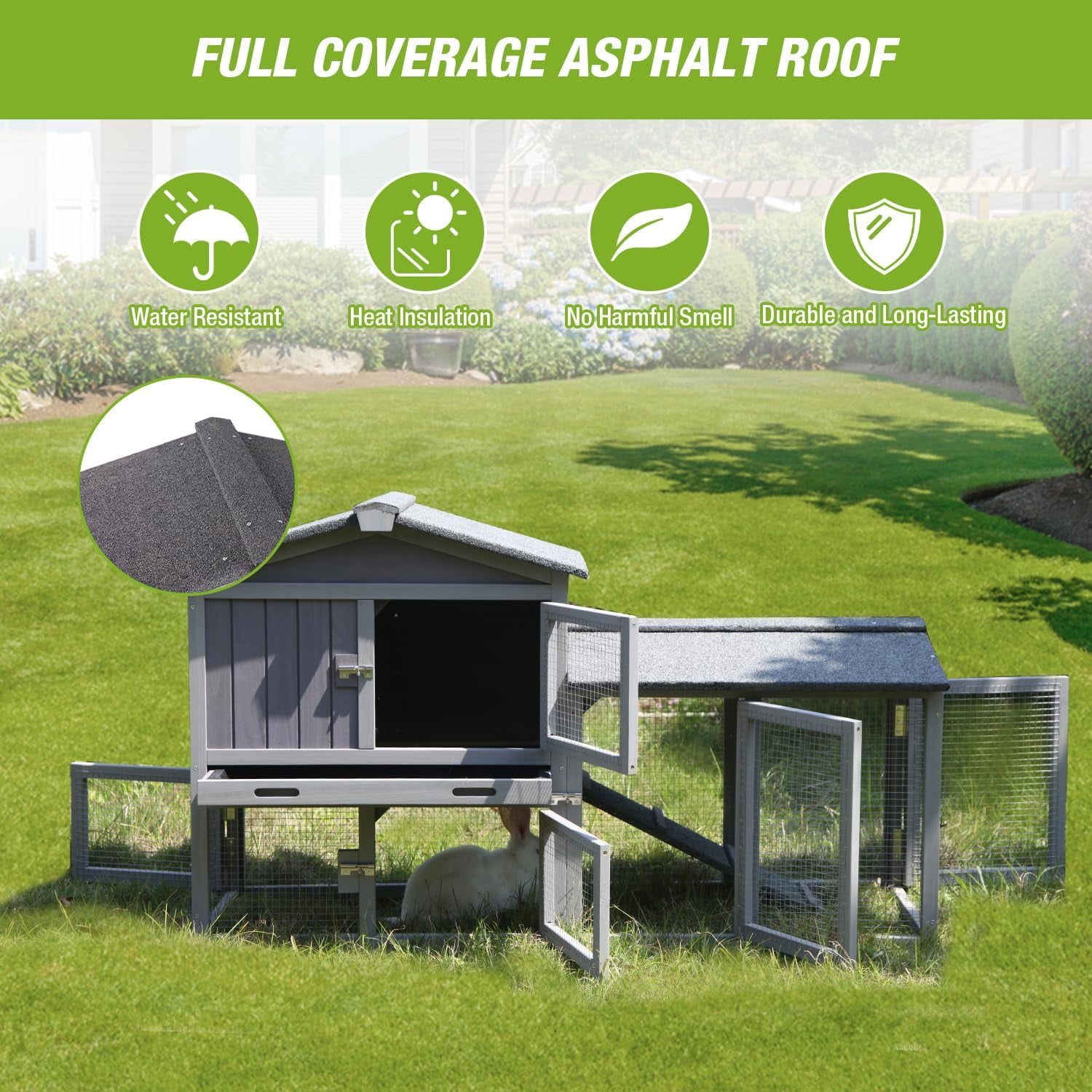 MEDEHOO Rabbit Hutch Outdoor No Leak Plastic Tray Bunny Cage Indoor with Large Run Space Extensible Chicken Coop