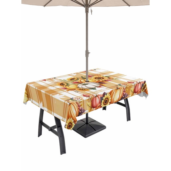 Outdoor Tablecloth with Umbrella Hole and Zipper, Thanksgiving Fall Rectangle Table Cloth 52x70 Inch Waterproof Tablecloth, Sunflower Pumpkins Botanical Plaid Picnic Table Cover for Patio Camping