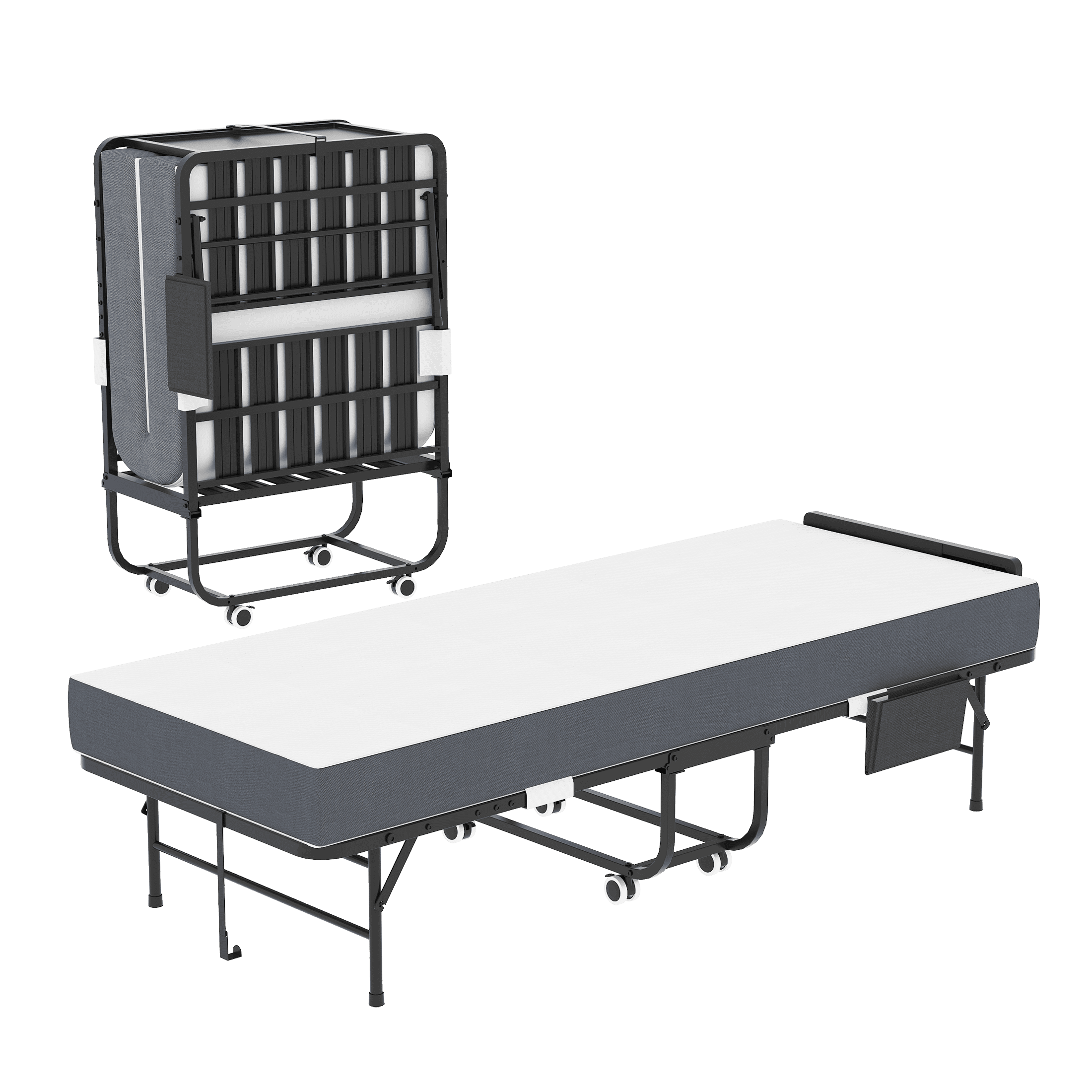 PORKISS Folding Bed with Mattress and Headboard for Adults, Rollaway Guest Bed with 5" Memory Foam Mattress, Portable Foldable Bed with Locking Wheels, Space Saving Bed, 74.8"x 30.7" + Headboard