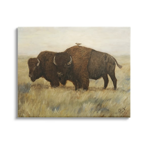 Stupell Industries Bird on Bison Rural Scene Animals & Insects Painting Gallery Wrapped Canvas Print Wall Art