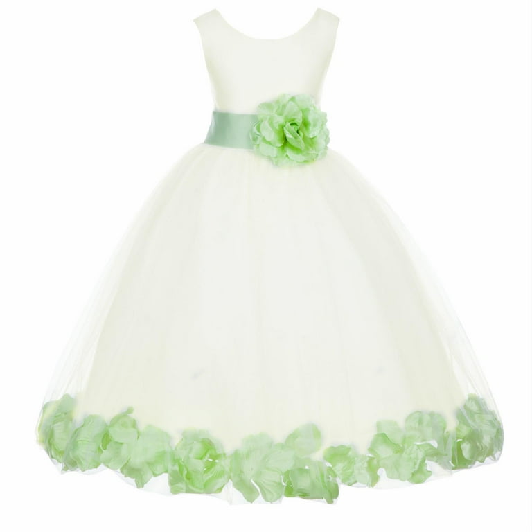 Ekidsbridal Satin Ivory Apple Green Tulle Rose Petal Flower Girl
