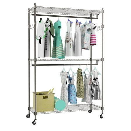 Wine Rack Hook Portable Rolling 3-Tier Wire Shelving Clothes Shelf Garment Rack + Side Hooks + Wheels Type 4(US Stock) ()