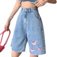 thumbnail image 2 of Pantalones cortos informales de verano para mujer, pantalones cortos informales de cintura alta con bordado de mariposas, pantalones cortos de cintura alta para vacaciones, desplazamientos diarios y, 2 of 8