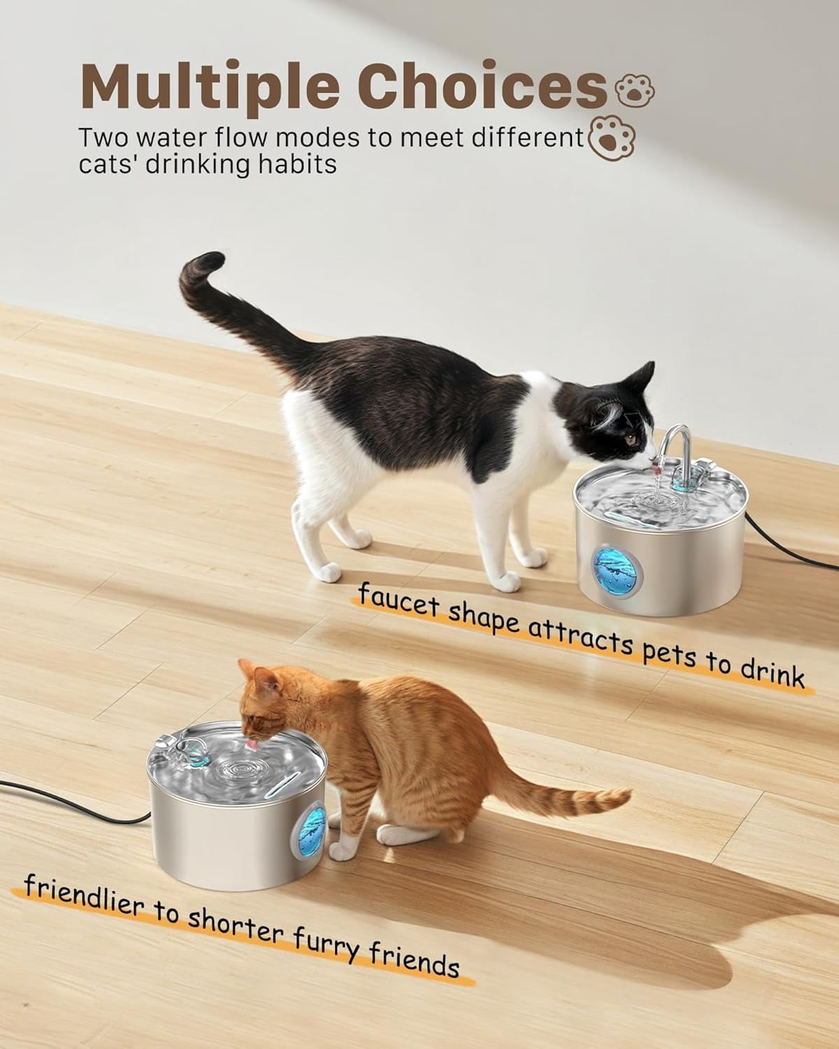 Cat Water Fountain Stainless Steel: Cat Fountain for Drinking with 6 Filters + 3 Sponges - 74oz/2.2L Pet Water Fountain for Cats Inside - Quiet Cats Water Bowl Dispenser - Kitten Drinking Fountains