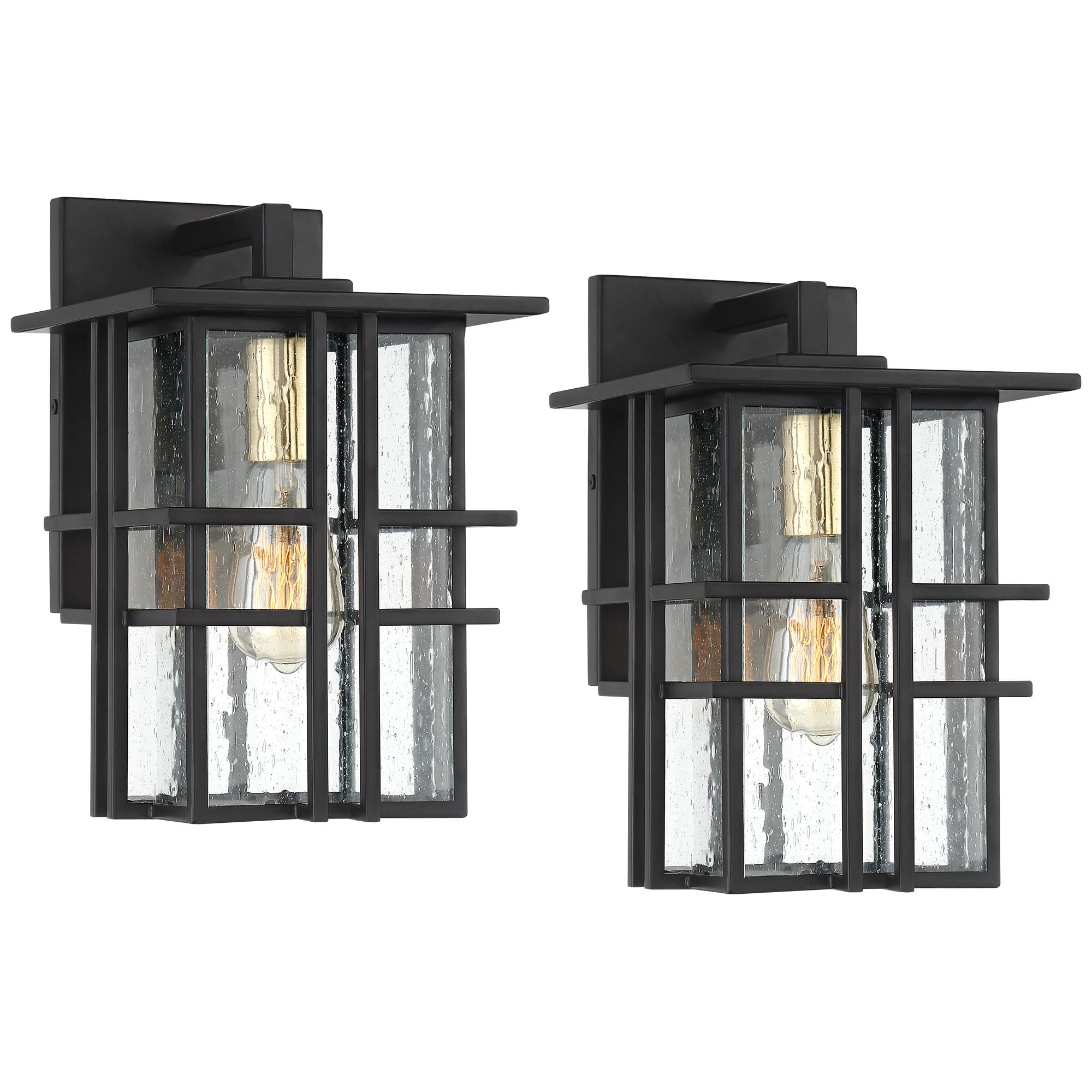 Possini Euro Design Arley Modern Industrial Outdoor Wall Light Fixtures Set of 2 Black 12" Seedy Glass for Post Exterior Barn Deck House