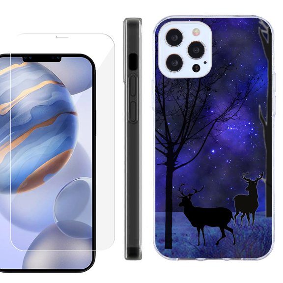 Slim Fit Protective Phone Case for Apple iPhone 12 / iPhone 12 Pro, with Tempered Glass Screen Protector, by OneToughShield ® - Midnight Forest