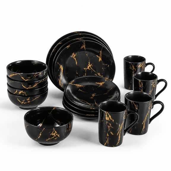 Black Dinnerware Set For 4 16-piece Porcelain Marble