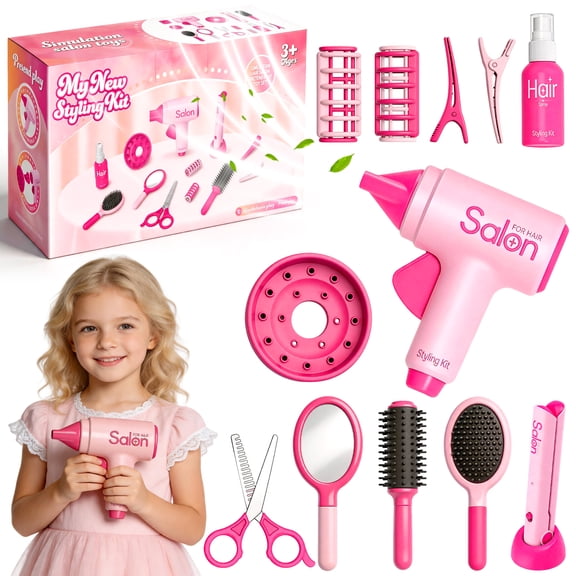 Chuvikid 12 Pcs Kids Pretend Play Hair Salon Set,Toddler Dress Up Beauty Hair Stylist Kit with Toy Dryer,Scissors,Combs,Gifts for Kids Girls Ages 3-8