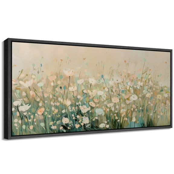 Large Framed Canvas Print Delicate Pastel Floral Field FramedWall Art Decorative Ready to Hang Painting for Living room Bedroom 60x30 inches Black Frame
