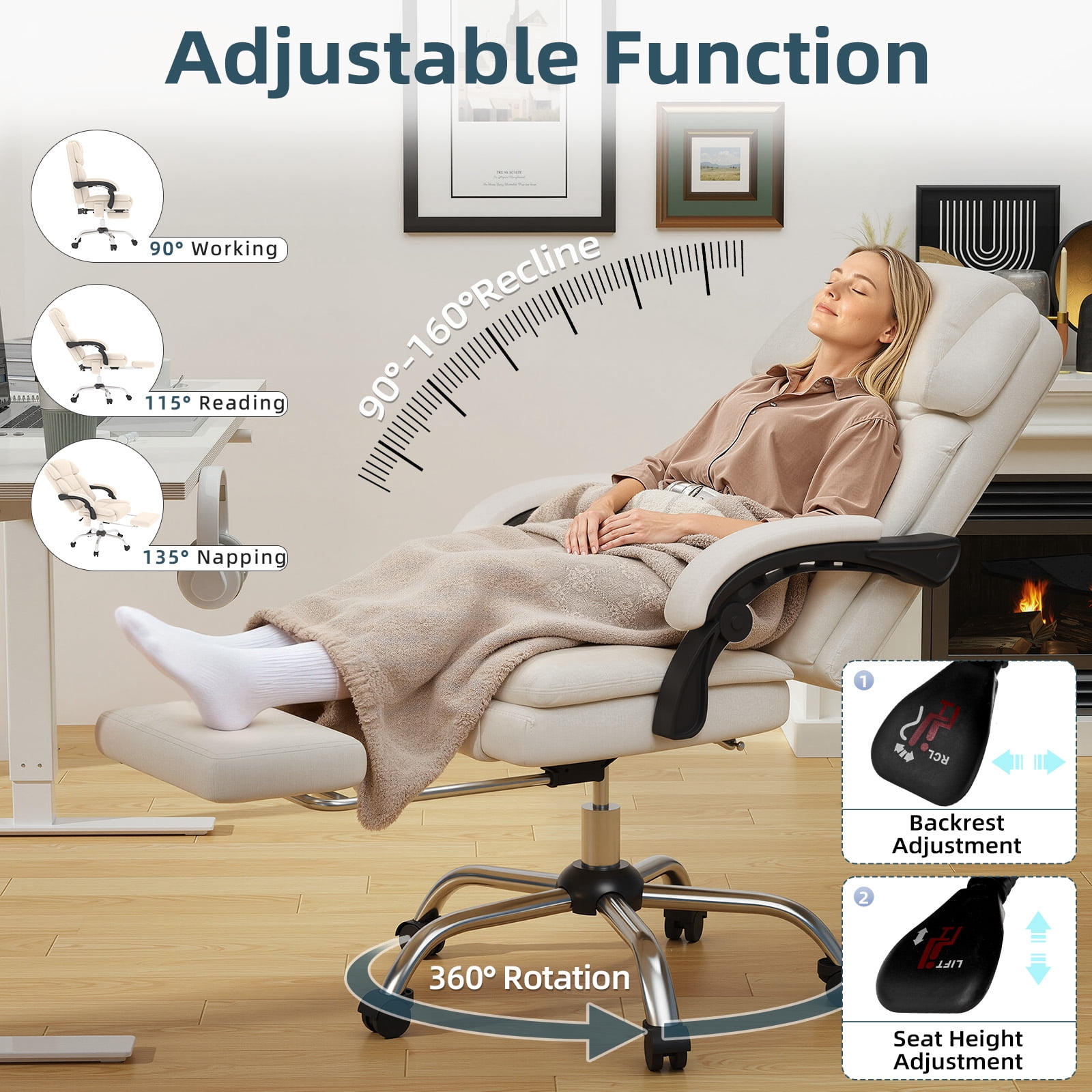 6-Point Massage Office Chair with Heat, Ergonomic Reclining Desk Chair with Footrest, Soft Chenille Fabric Executive Chairs for Home Office, Comfortable Computer Chair Gift for Women, Beige