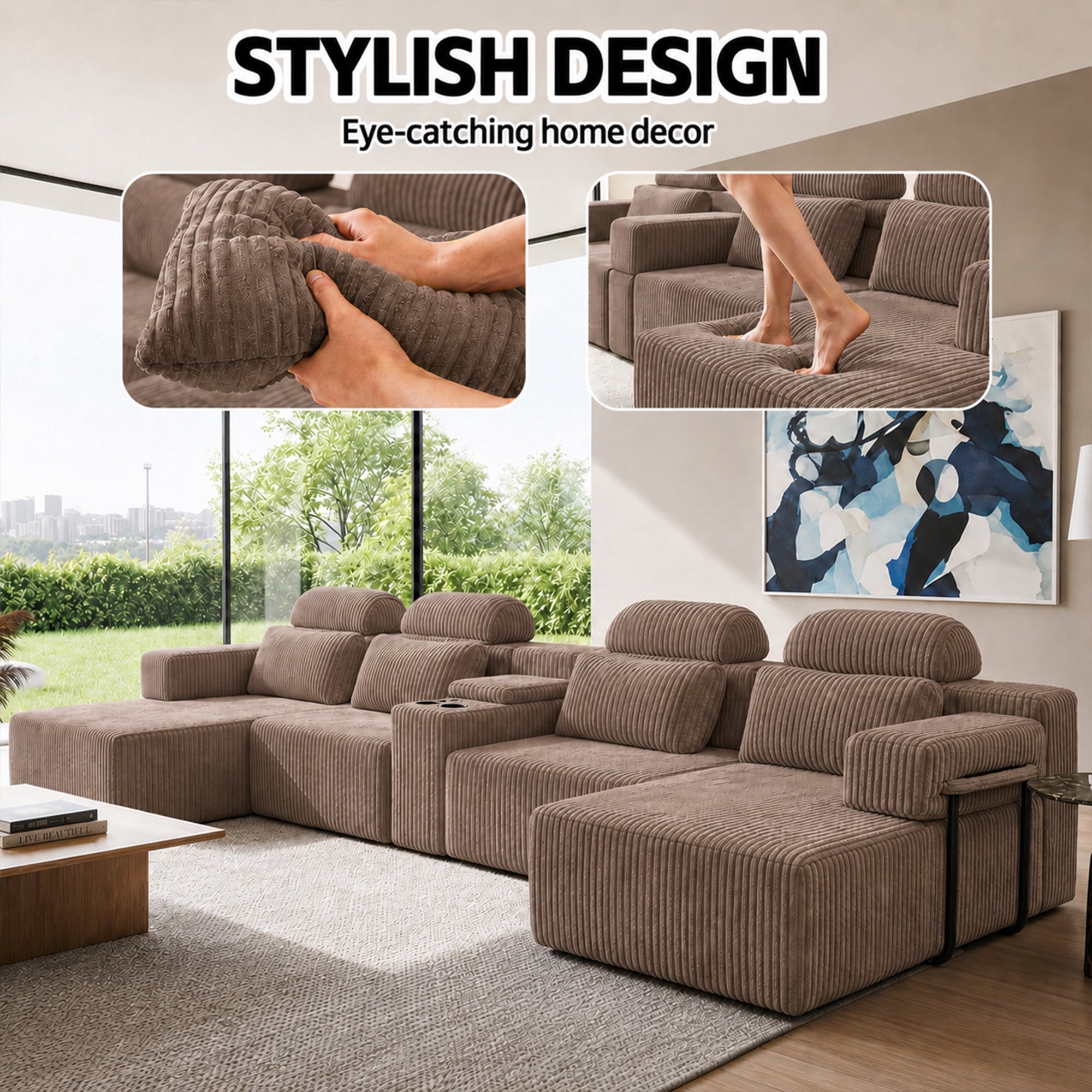 Leumius 145.7" U-Shaped Corduroy Sectional Sofa with Chaise,Cup Holders & Storage,Modern Modular 6-Seater Sofa Couch for Living Room,Coffee