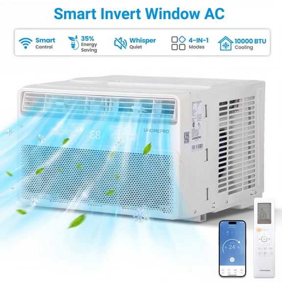 Uhomepro 8000 BTU Smart Inverter Window Air Conditioner, Cools 350 Sq.Ft with 4 Modes, Washable Filter, 35% Energy Saving, App/Remote and LED Control, 42 dB Noise for Living Room, Easy to Install