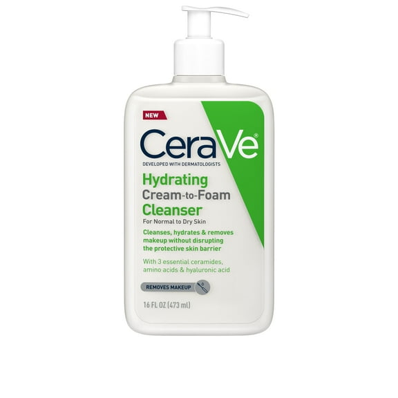 CeraVe Hydrating Cream-to-Foam Cleanser, Fragrance Free Makeup Remover with Hyaluronic Acid for Dry Skin, 16 fl oz