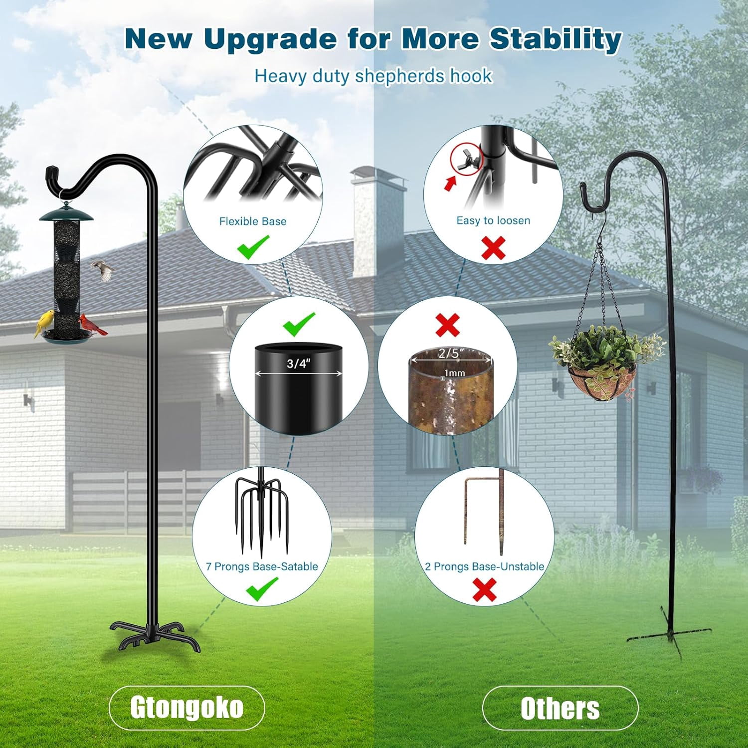 Shepherds Hook for Outdoor, 76 Inch Bird Feeder Pole with 7 Prongs Base, 3/4 Inch Thick Heavy Duty Adjustable Garden Hook for Hanging Plant, Hummingbird Feeder, Lantern, 2 Pack