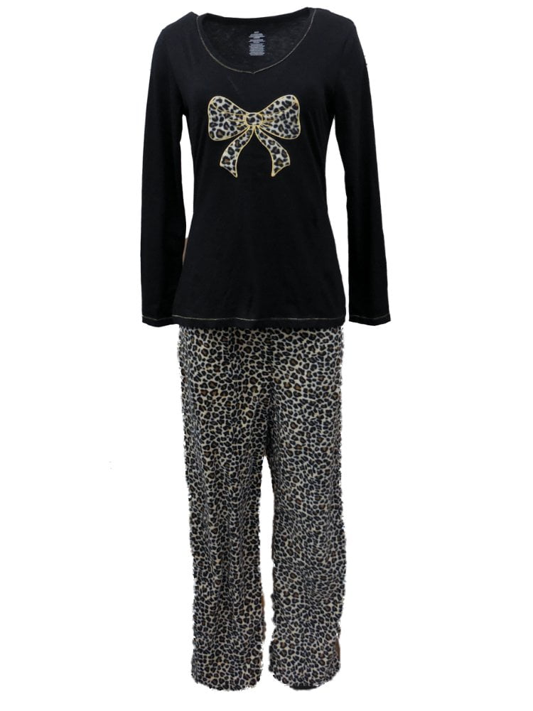 Celestial Dreams Womens Brown & Black Leopard Print Pajamas Fleece ...