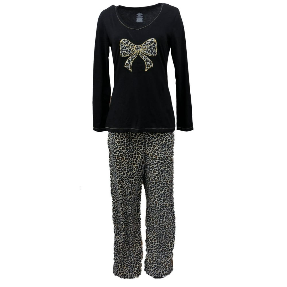 Celestial Dreams Womens Brown & Black Leopard Print Pajamas Fleece