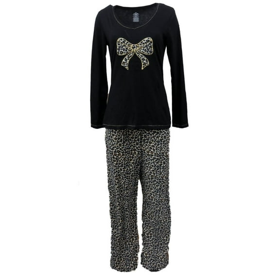 Celestial Dreams Womens Brown & Black Leopard Print Pajamas Fleece Pajama Set L