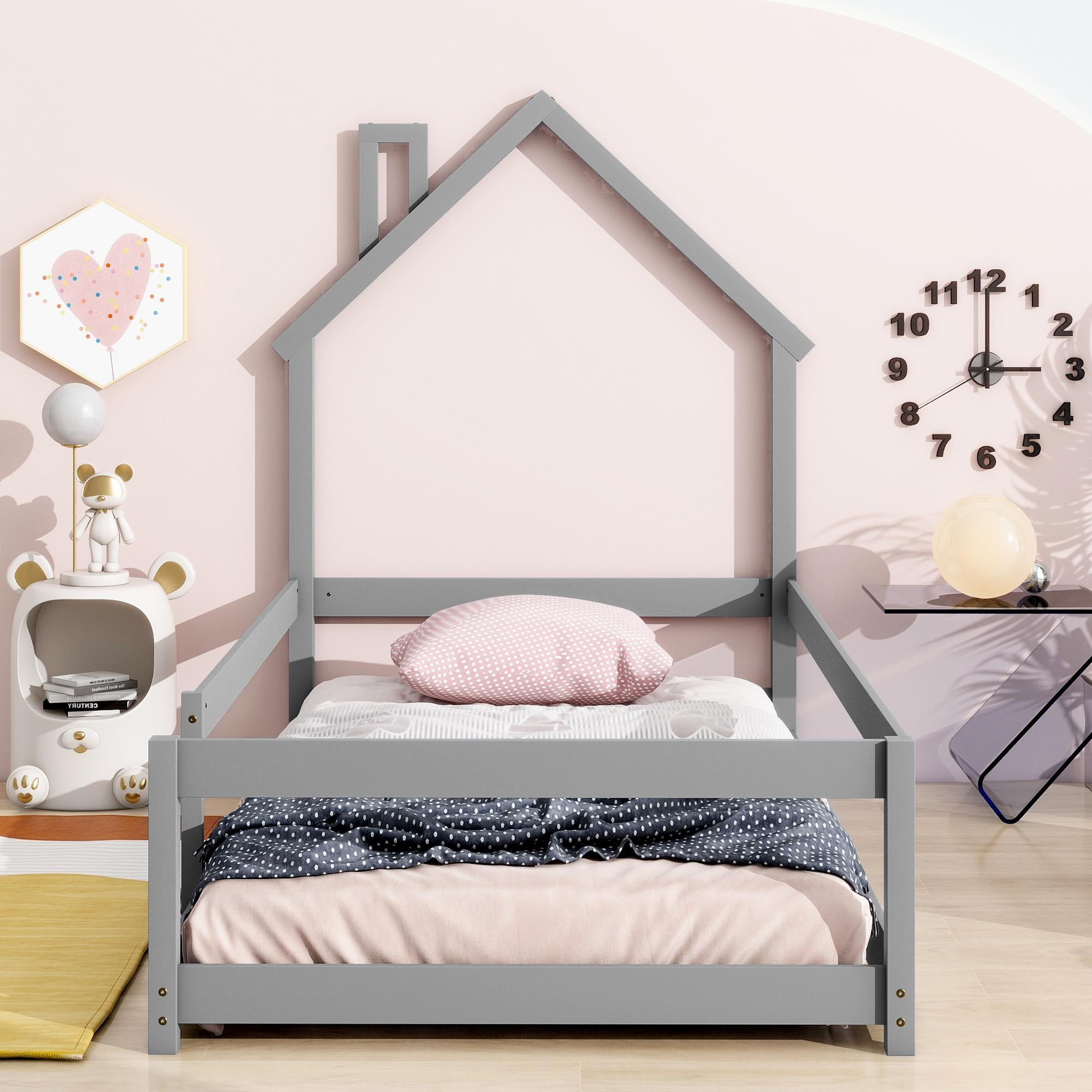 PORKISS Twin Size Floor Bed, Montessori Bed for Kids with Fence, House-shaped Headboard, Grey
